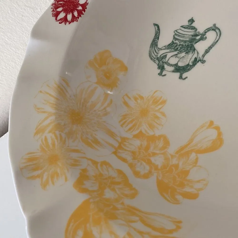 Anthropologie Large Serving Bowl White Floral Decorated Fleur 13”